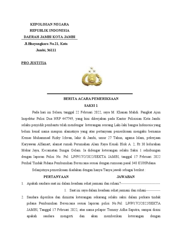 Berita Acara Pemeriksaan Saksi 1 | PDF