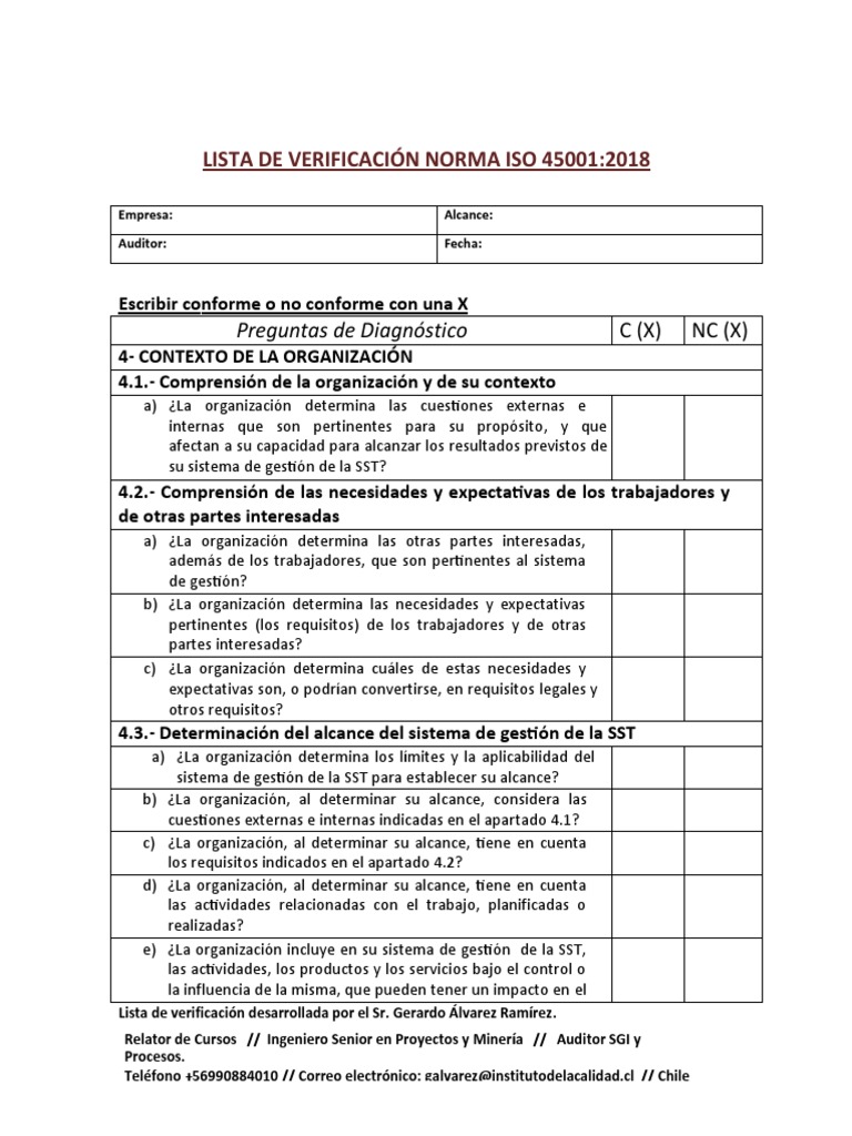 Lista de Verificacion Norma Iso 45001 | PDF | Planificación | Evaluación