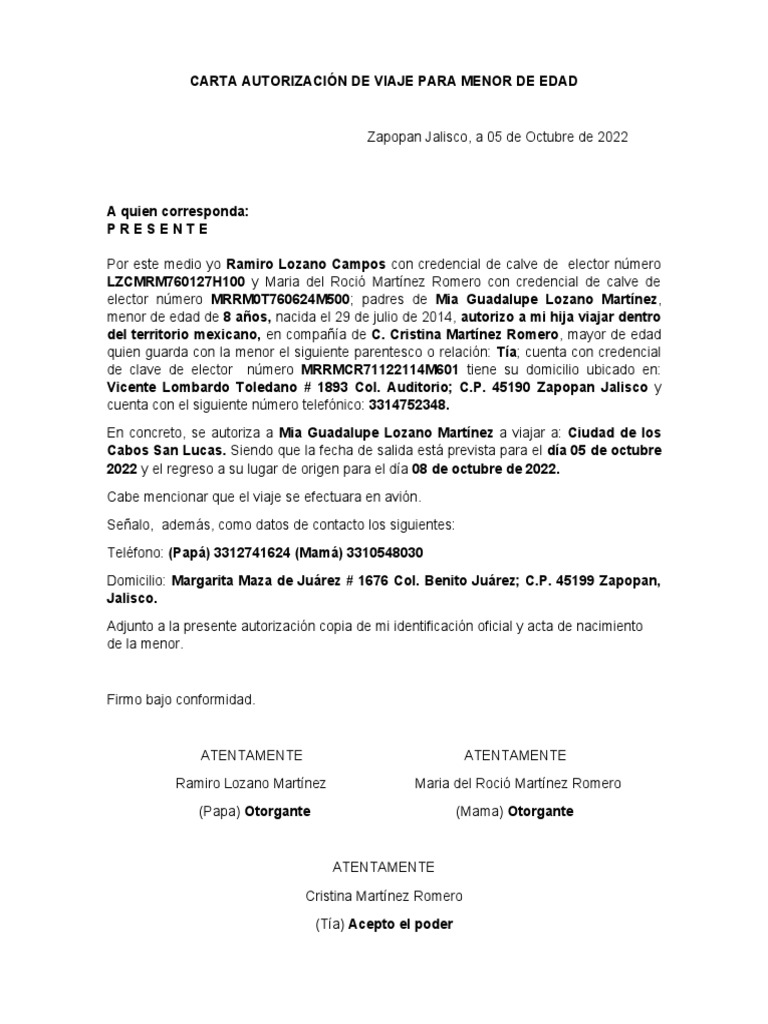 Autorización de viaje para menor de edad a Ciudad de los Cabos San ...
