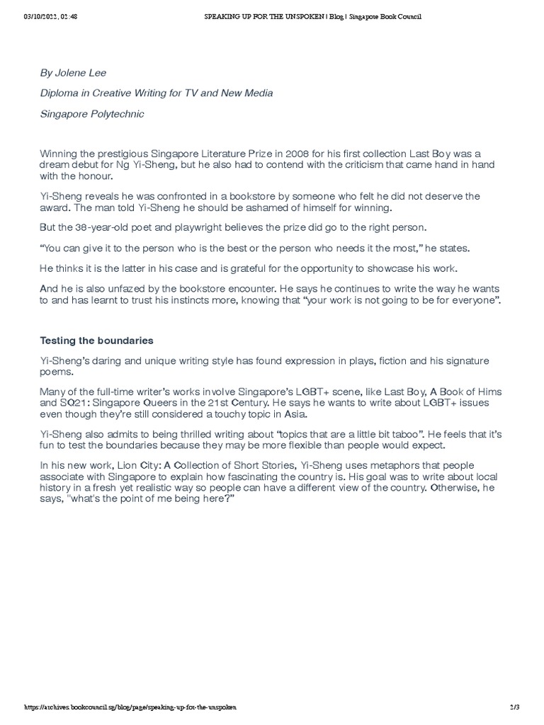 Speaking Up For The Unspoken - Singapore Book Council | PDF