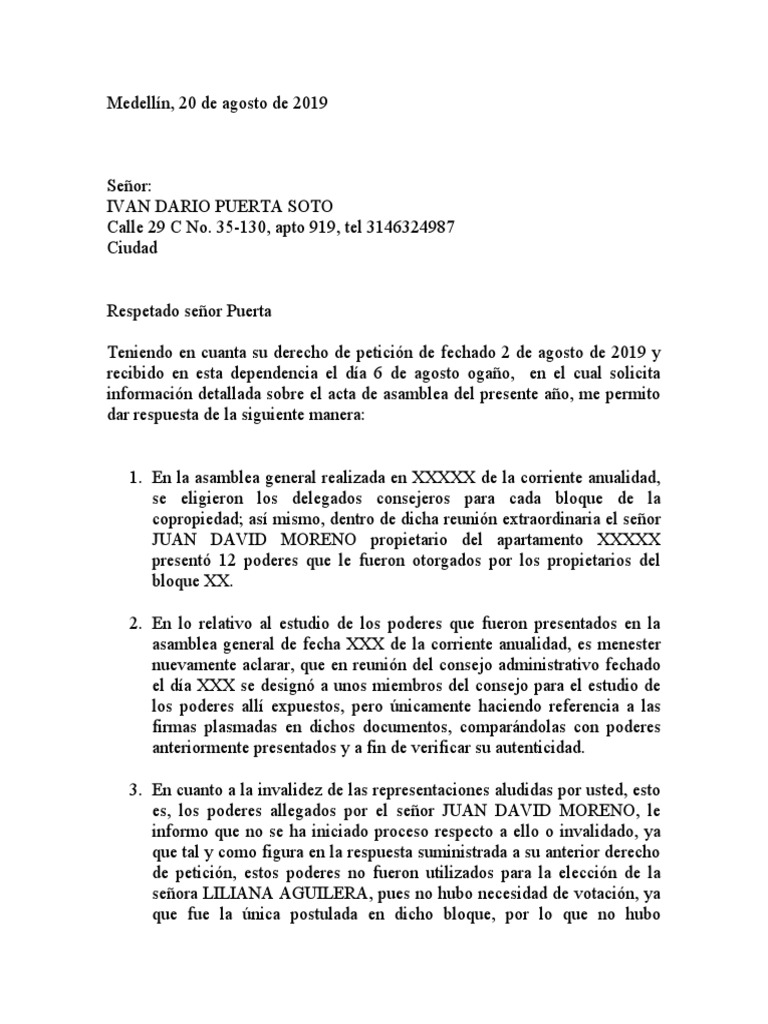 Respuesta a Derecho de Petición sobre Asamblea | PDF | Condominio