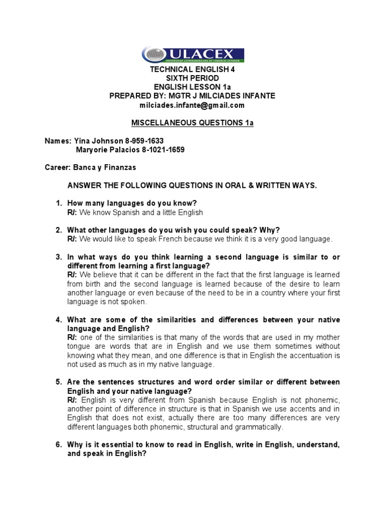 TECHNICAL ENGLISH 4 English Lesson 1 2022 PDF English Language Spanish Language