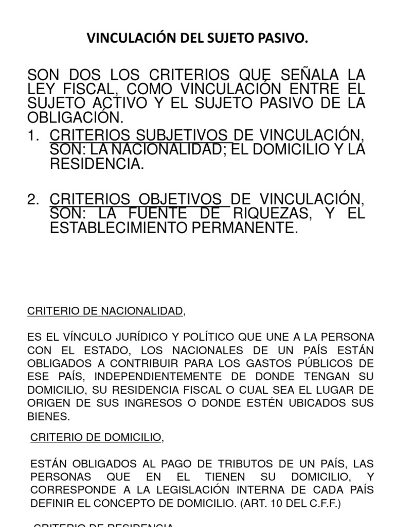 Vinculación del Sujeto Pasivo Fiscal | PDF