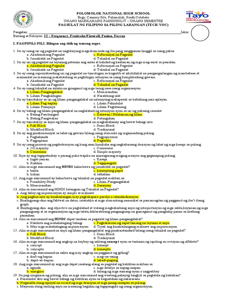 Filipino 12 Exam 1st | PDF