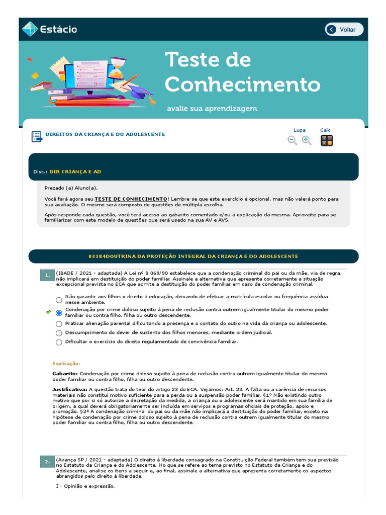 Teste de Conhecimento ECA 1 ESTÁCIO PDF Crimes Crime e  