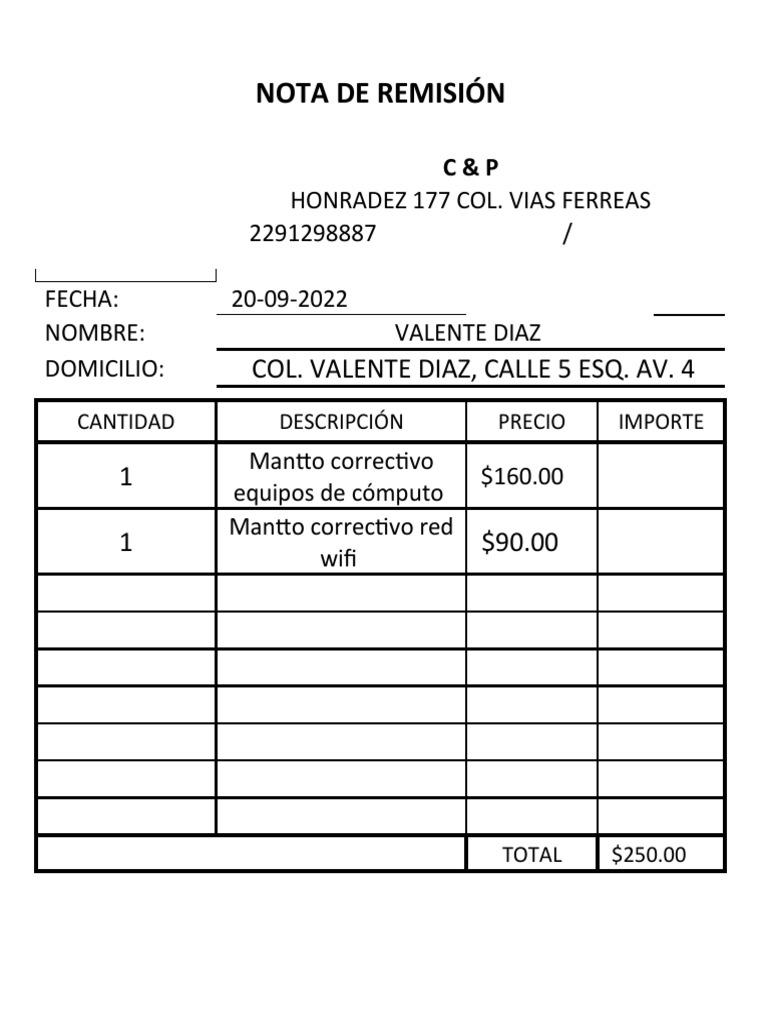 Formato de Nota de Remisión para Servicios | PDF