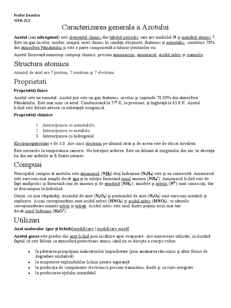 Caracterizarea Generala A Azotului | PDF