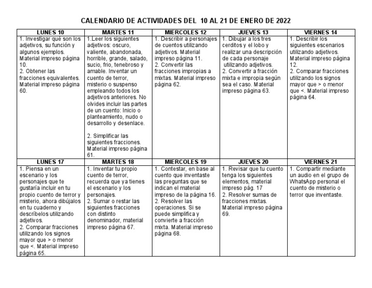 Actividades del 10 al 21 de enero 2022 | PDF