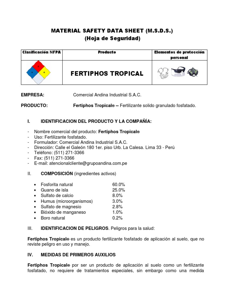 Material Safety Data Sheet Tropical PDF Fertilizante Química