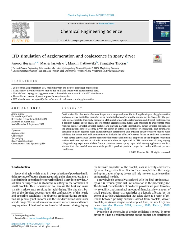 CFD Simulation of Agglomeration and Coalescence in Spray Dryer | PDF ...