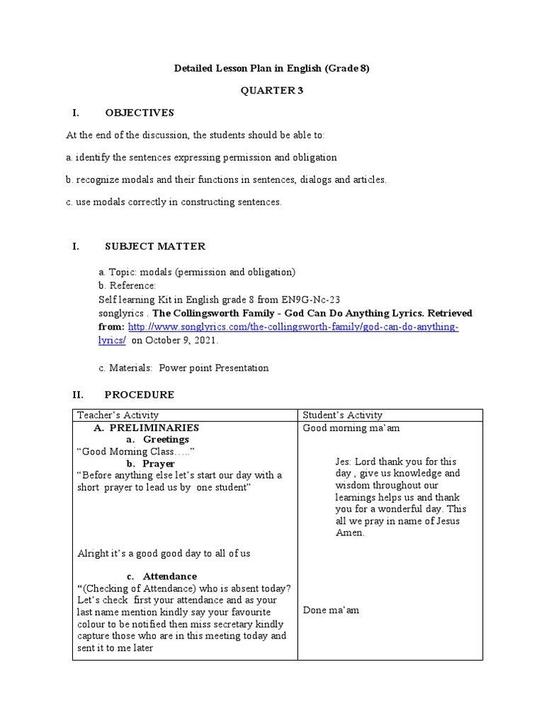Detailed English Lesson on Modals for Grade 8 | PDF | Verb