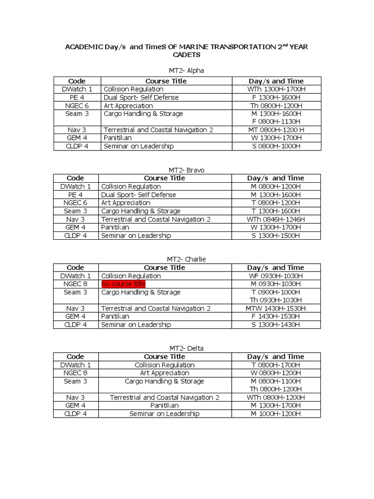 1st Year Cadets Academic Schedule PDF Shipping