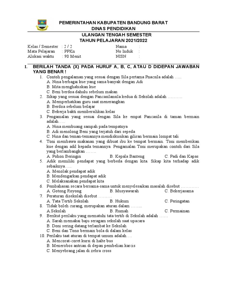 Soal Pas Ppkn Sem 2 Kelas 2 Pdf