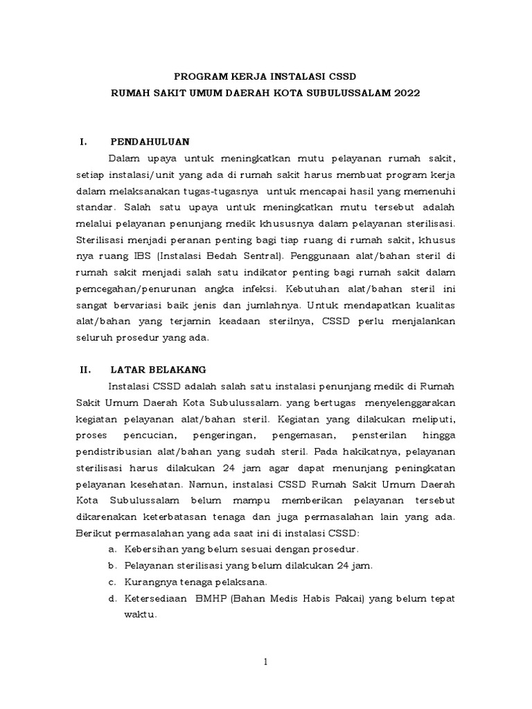 Program Kerja CSSD RSUD Subulussalam 2022 | PDF