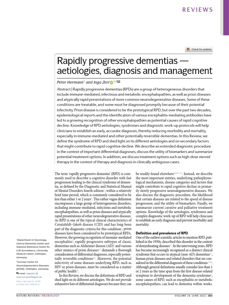 Rapidly Progressive Dementias Aetiologies, Diagnosis and Management
