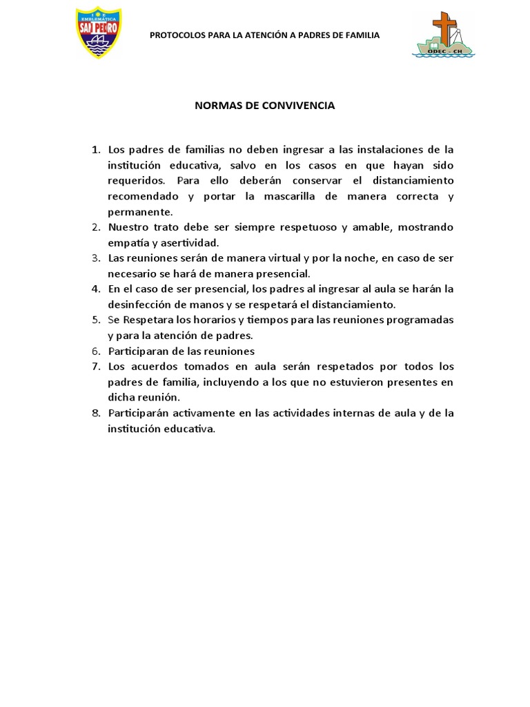 Normas de Convivencia de Padres de Familia | PDF
