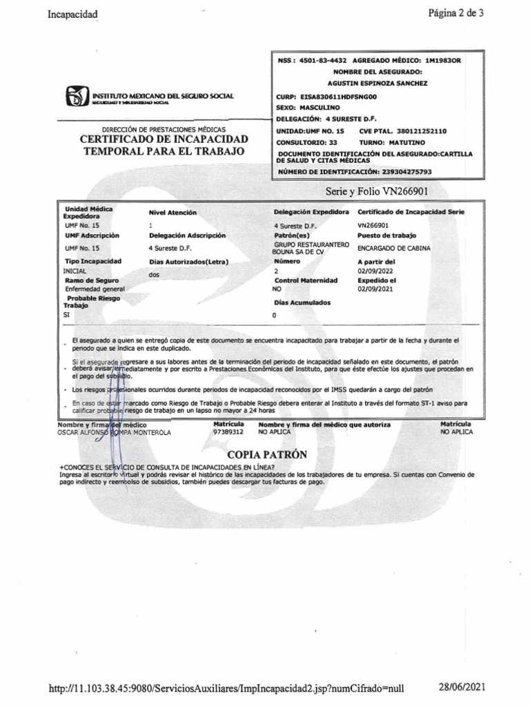 Significado de CVE PTAL en Incapacidades IMSS | PDF | Ciencias de la Salud