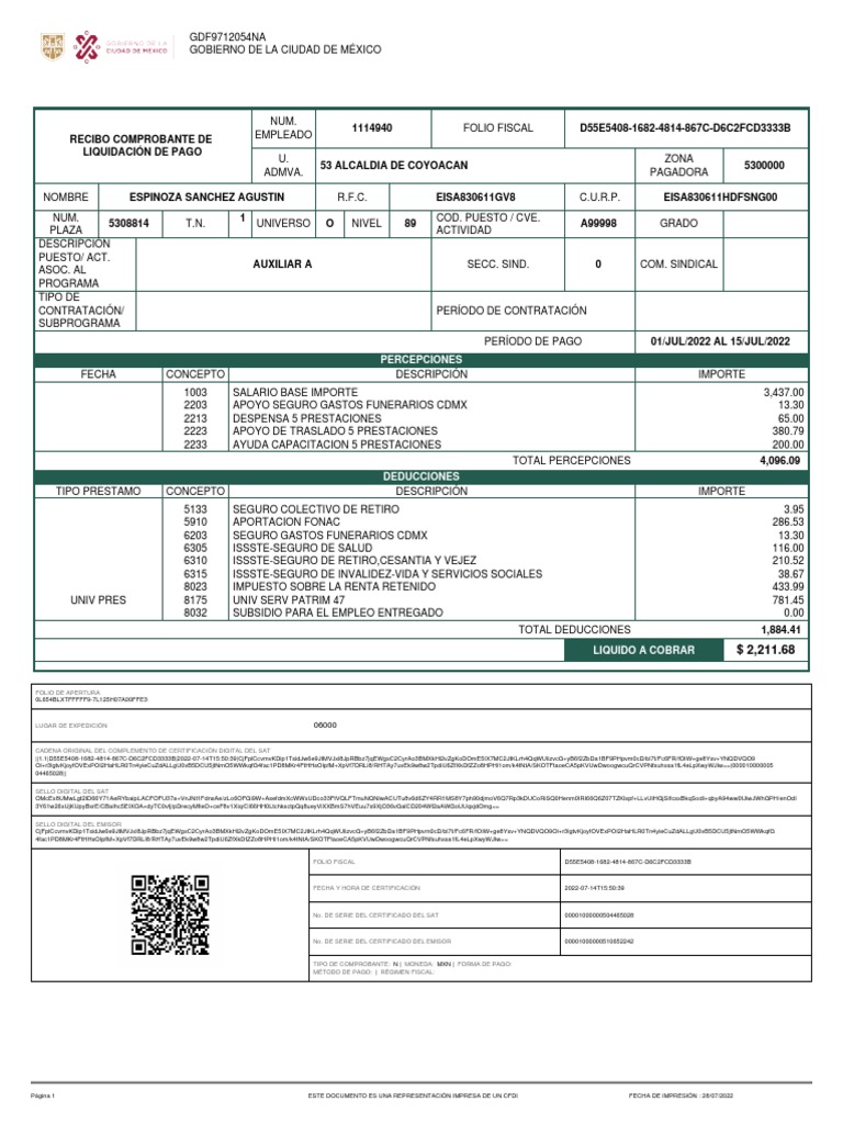 Recibo DE NOMINA DEL GCDMX | PDF | Finanzas del gobierno | Pagos