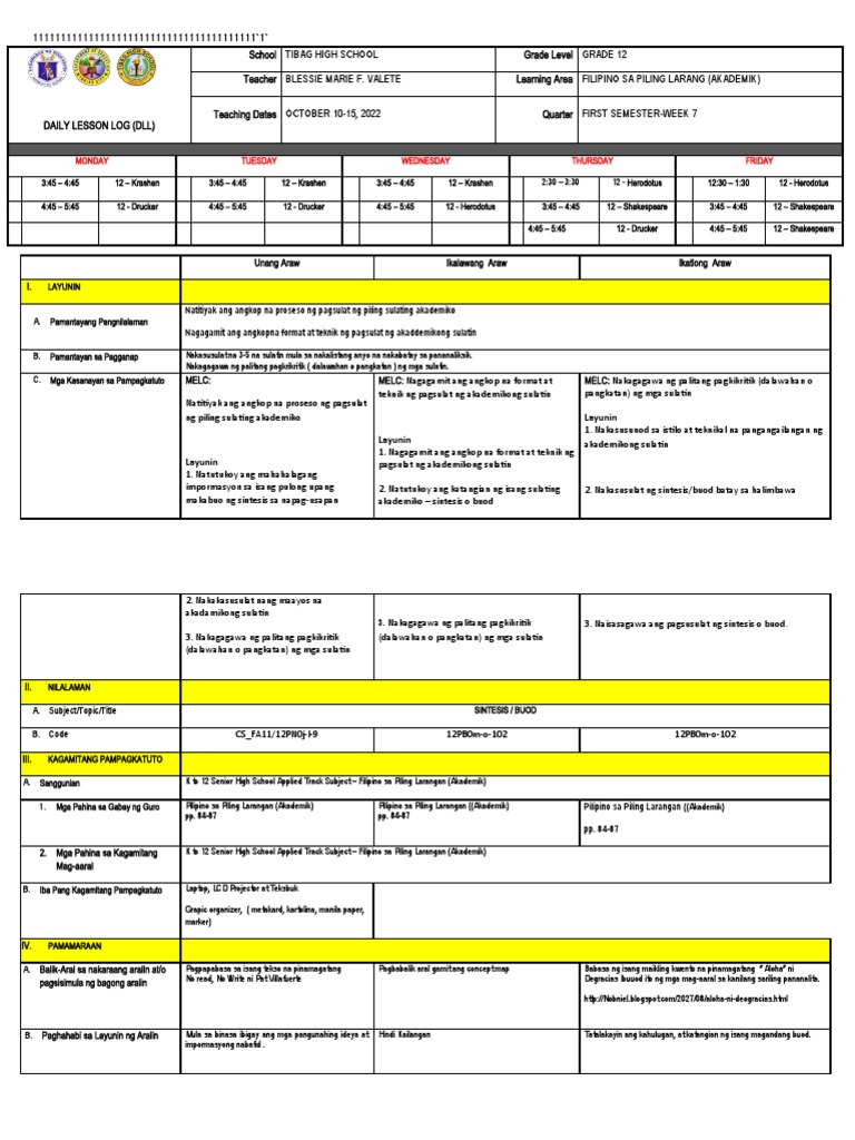 DLL WEEK 7 - Filipino Sa Piling Larang (AKAD) | PDF