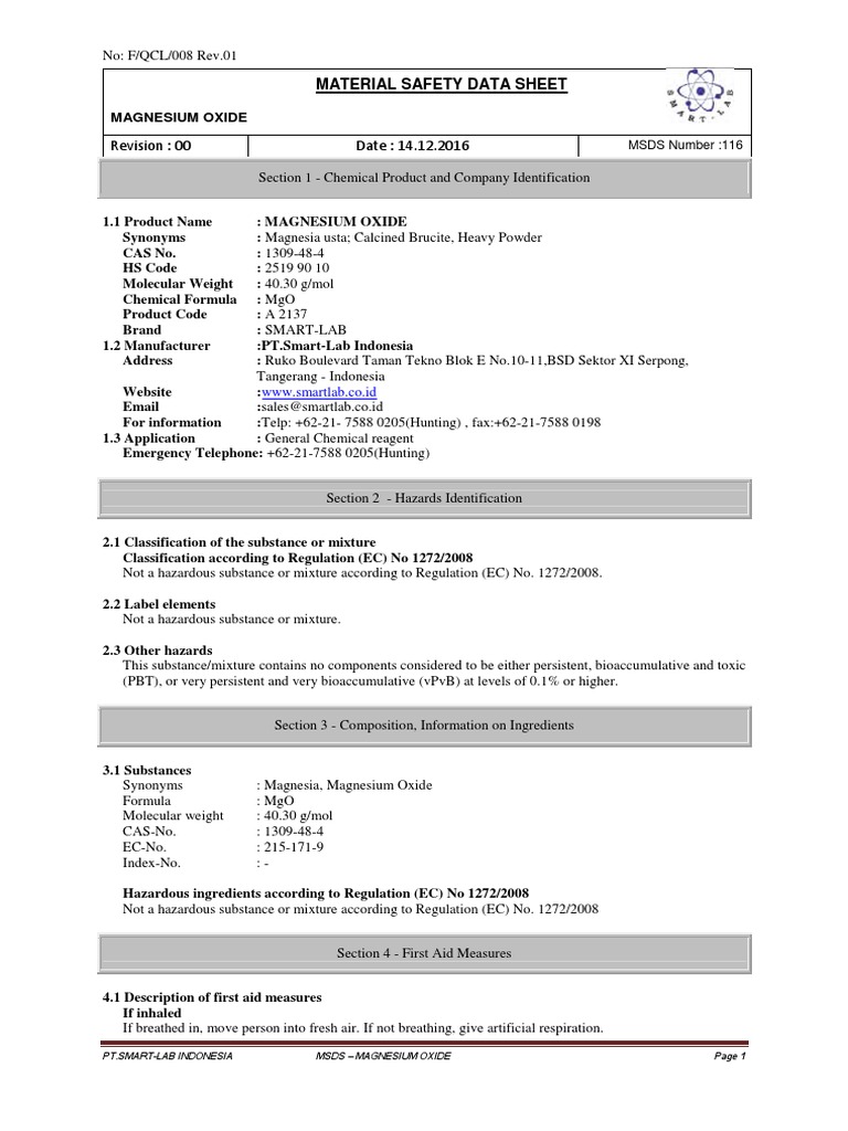 MSDS MAGNESIUM OXIDE Bhs Inggris PDF Dangerous Goods Toxicity