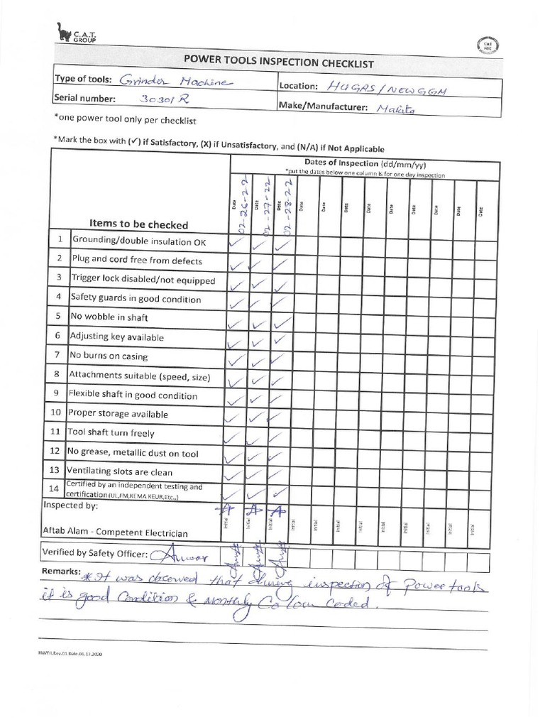 HUGRS Power Tools Inspection Checklist February 2022 PDF