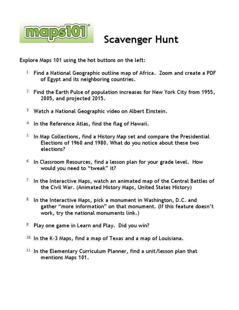 Maps 101 Scavengerhunt | PDF | Games & Activities | Social Science