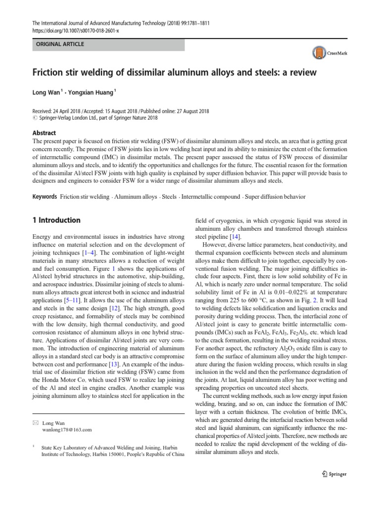 Friction Stir Welding of Dissimilar Aluminum Alloys and Steels: A ...