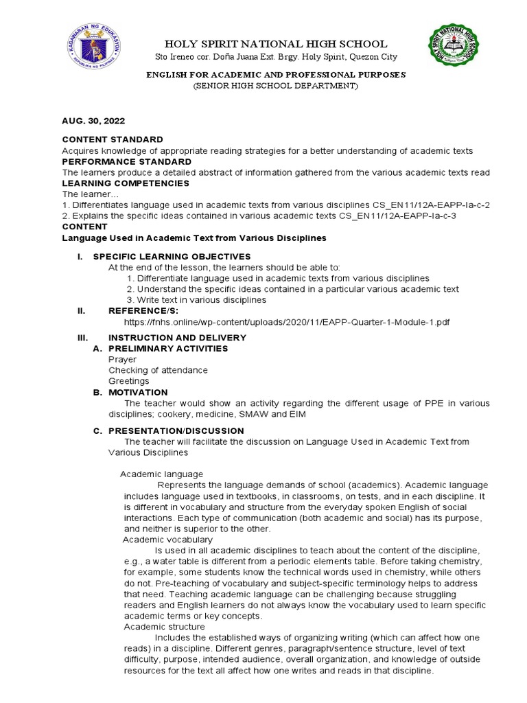 Academic Language in Various Disciplines | PDF