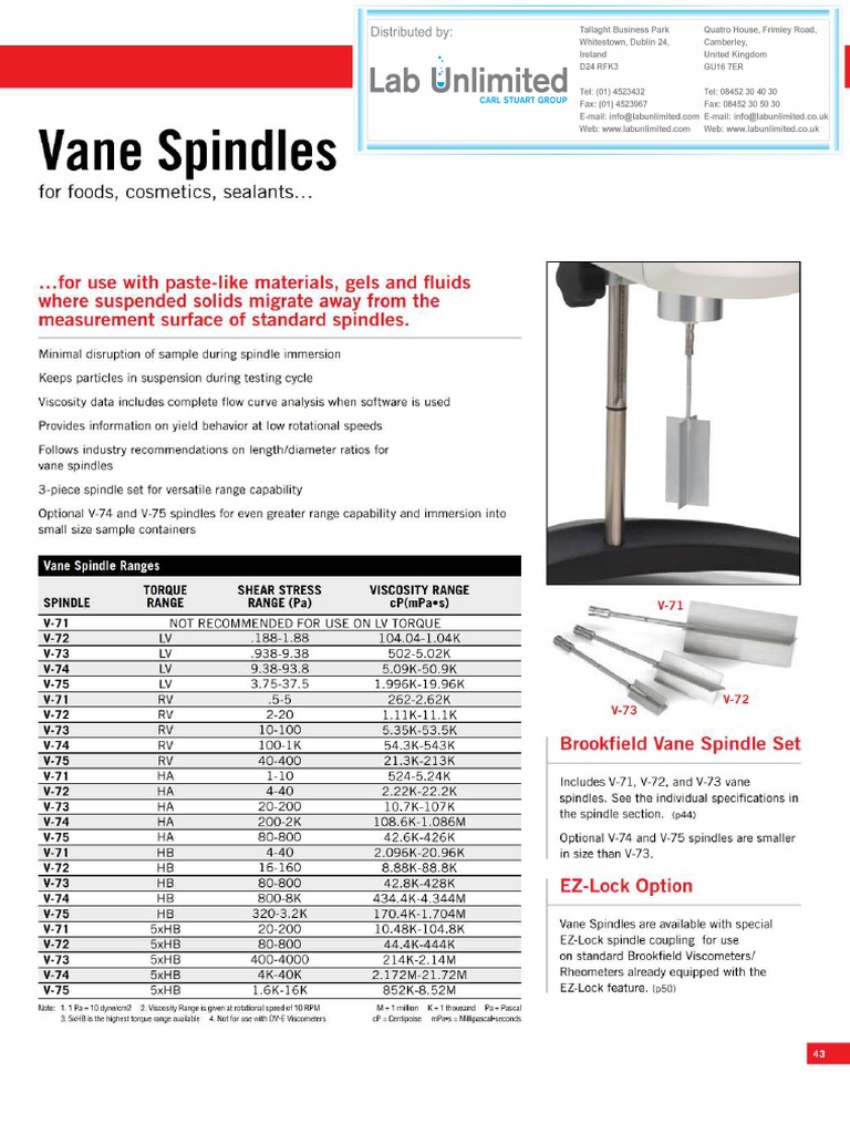 Brookfield Spindles Brochure PDF Shear Stress Viscosity