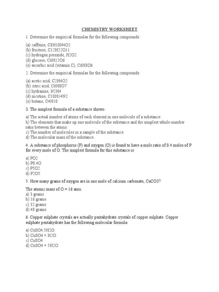 CHEMISTRY WORKSHEET numericals class 9 PDF Molecules Chemical