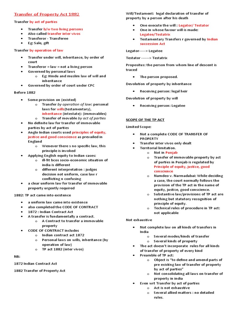 Transfer of Property Act 1882 | PDF | Will And Testament | Leasehold Estate