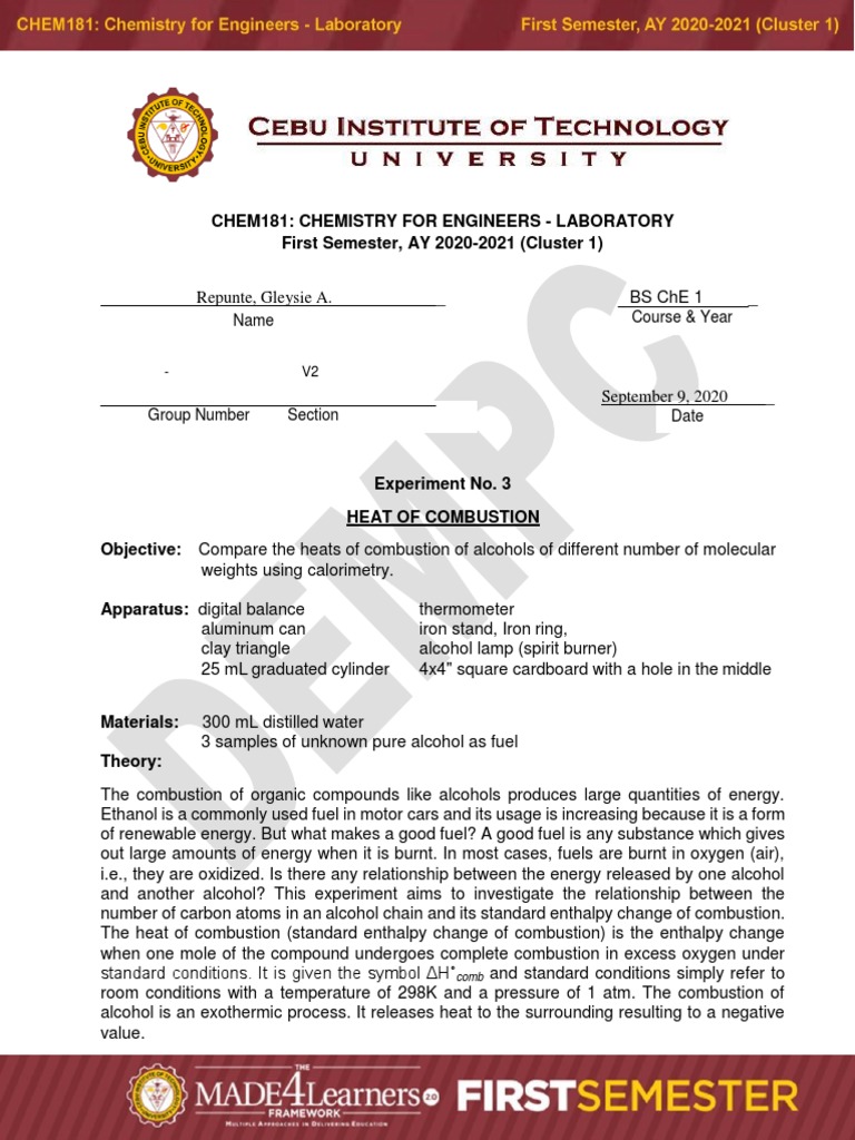 Heat of Combustion of Alcohols Experiment | PDF | Combustion | Chemical ...