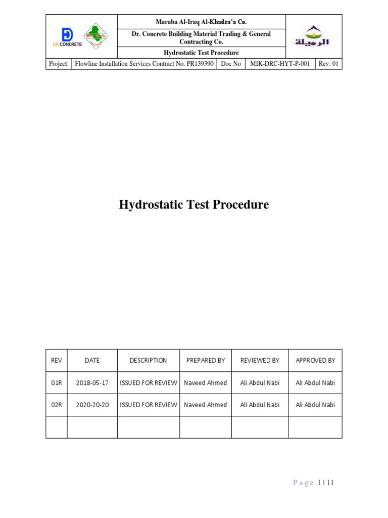 Hydro Test Procedure PDF Pipe (Fluid Conveyance) Plumbing