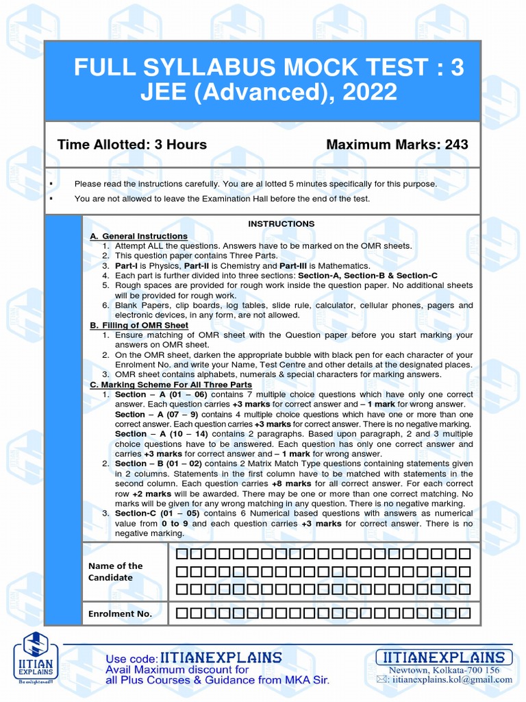 Full Syllabus Test 3 (Advance 2022) (Chem) PDF Multiple Choice