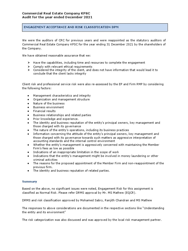 Engagement Risk Assessment for KPSC Audit | PDF | Audit | Financial Audit