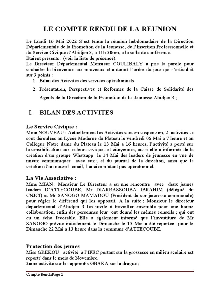 Compte Rendu de Réunion du 16 Mai | PDF | Affaires | Finance et gestion ...