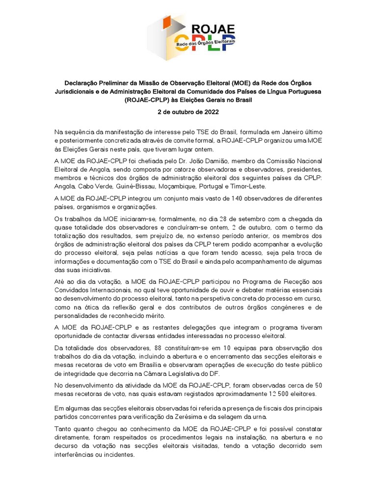 Declaração Preliminar Da Missão de Observação Eleitoral-ROJAE-CPLP | PDF