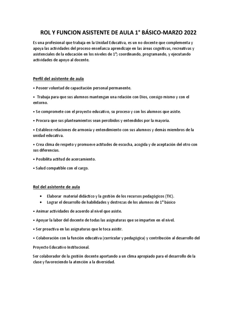 Rol y Funcion Asistente de Aula 1 | PDF | Salón de clases | Maestros