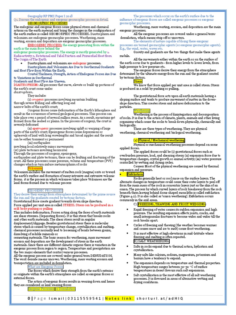KP PMS Geography: Geomorphic Processes | PDF | Science & Mathematics
