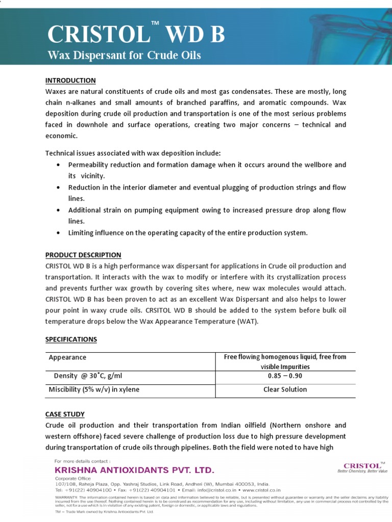 Wax Dispersant Cristol WD Series PDF Petroleum Petroleum Reservoir