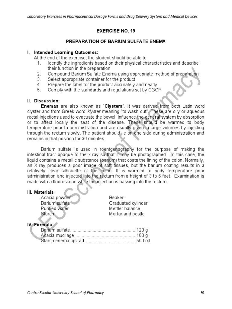 Exercise No. 19 Barium Sulfate Enema PDF Rectum Health Sciences