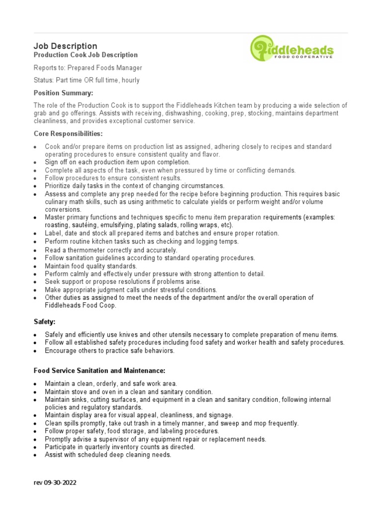 Production Cook Job Description - Sept 2022 | PDF | Foods | Sanitation