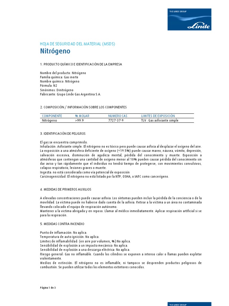 Nitrogeno Linde Gas | PDF | Oxígeno | Nitrógeno