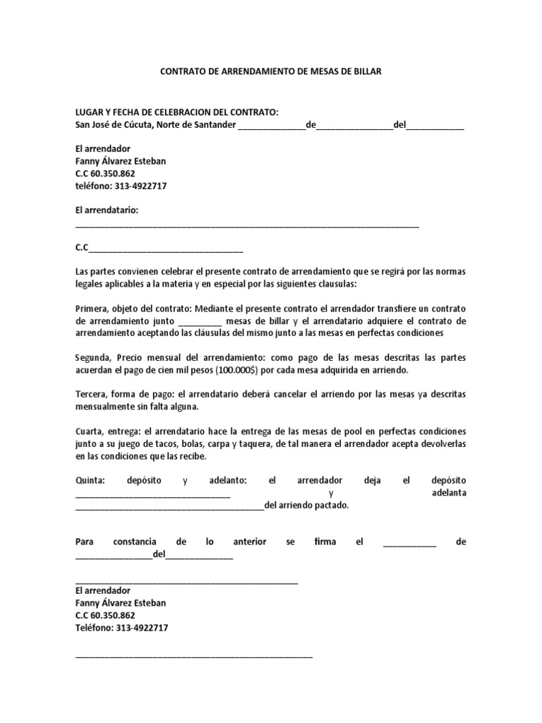 CONTRATO DE ARRENDAMIENTO DE MESAS DE BILLAR | PDF