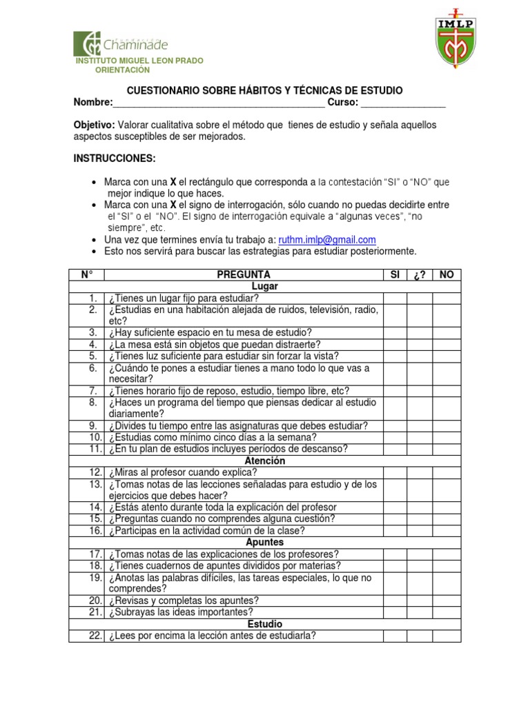 Cuestionario de Hábitos de Estudio | PDF