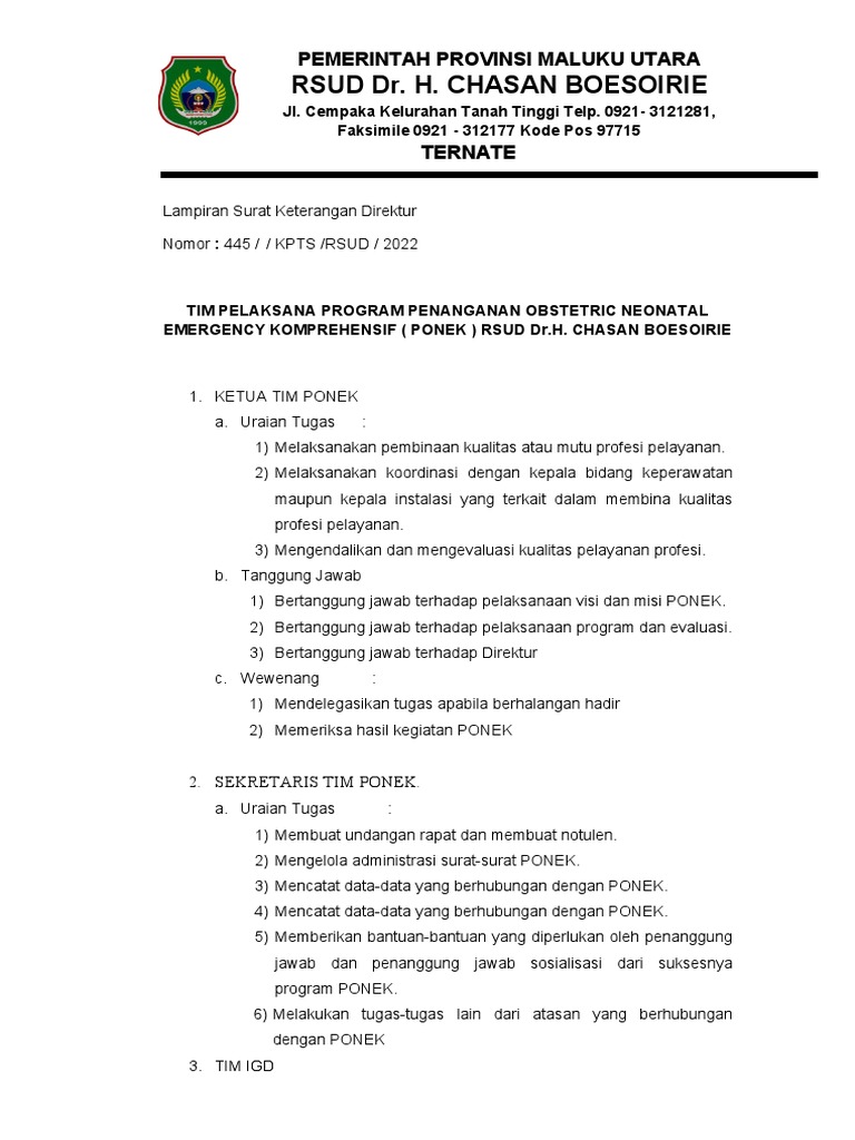 Tim PONEK RSUD Maluku Utara: Tugas & Tanggung Jawab | PDF