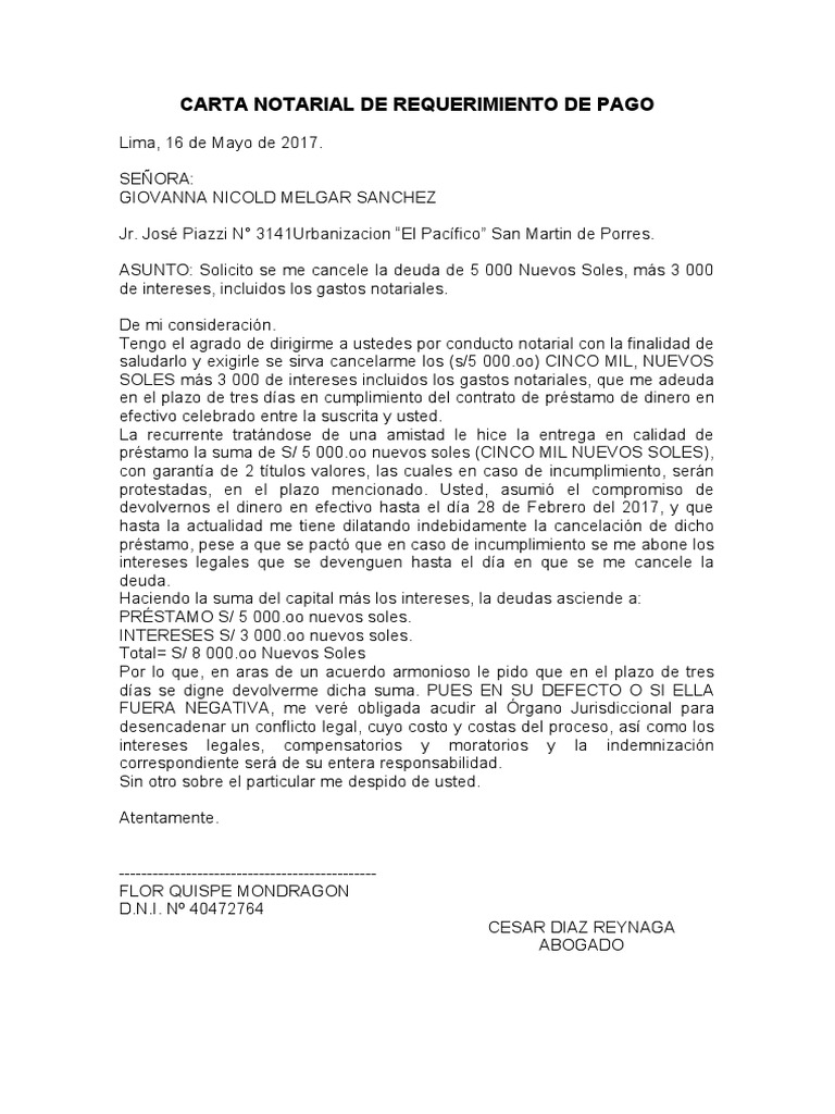 Carta Notarial De Requerimiento De Pago Pdf