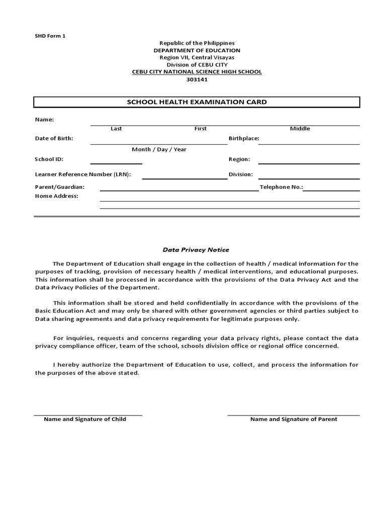 Student Health Card Form Overview | PDF