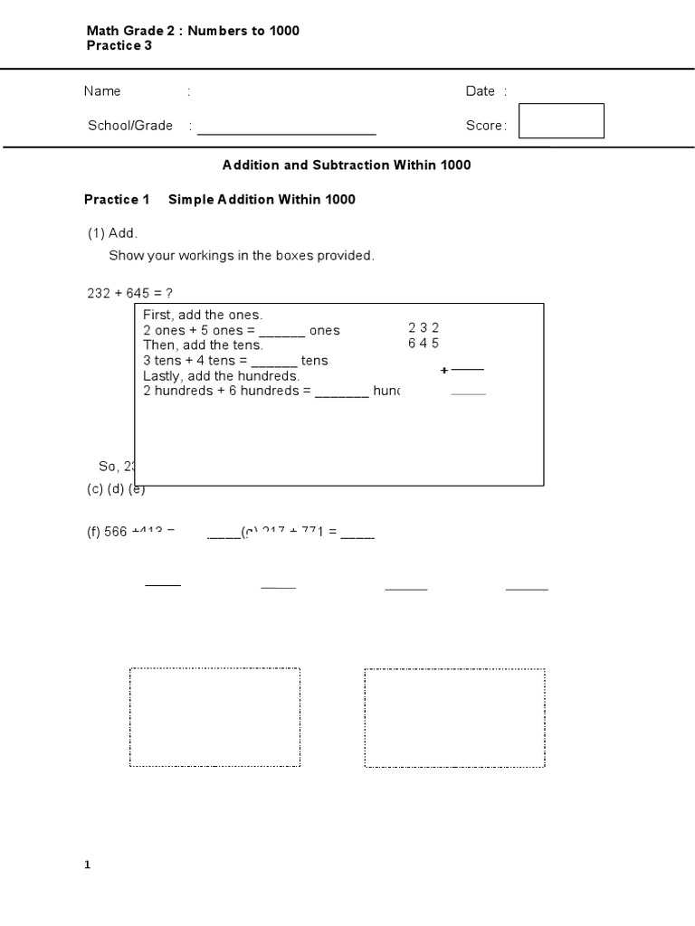 Addition and Subtraction Practice Problems Within 1000 Involving ...