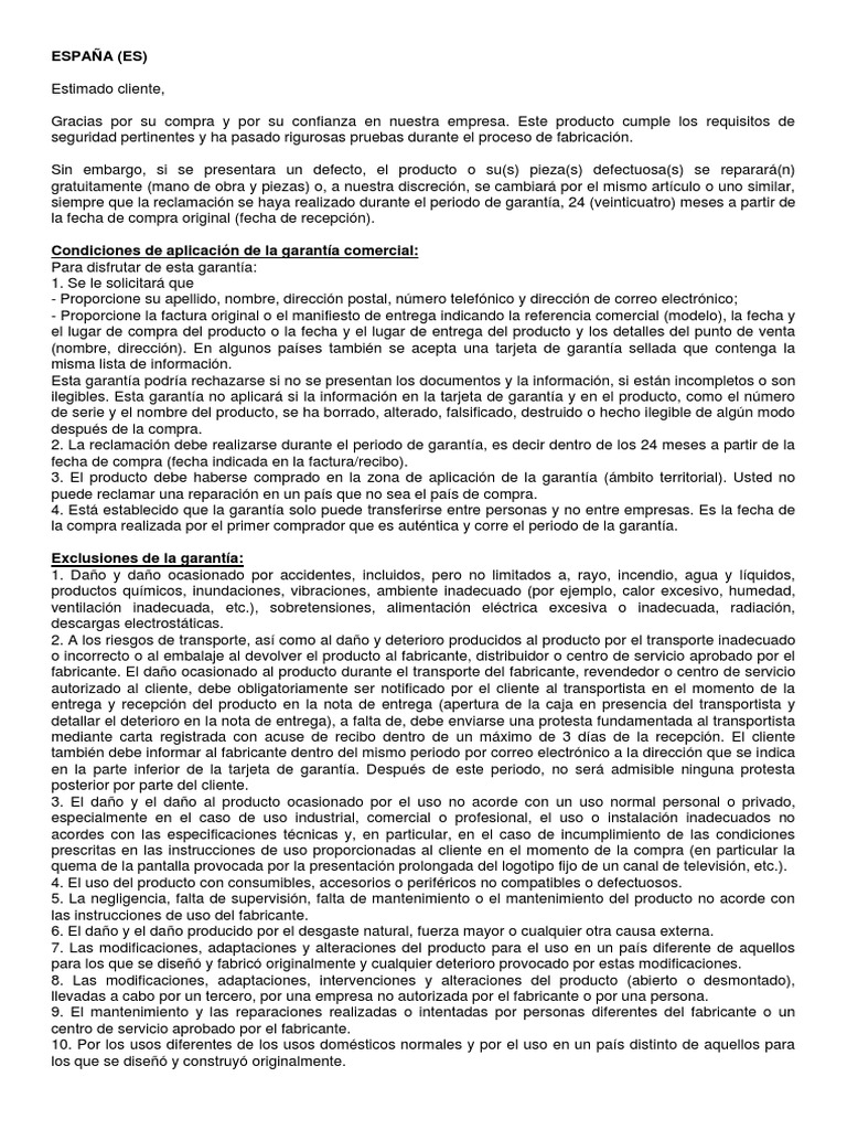 Warranty Text TCL TV 2021 ES PDF